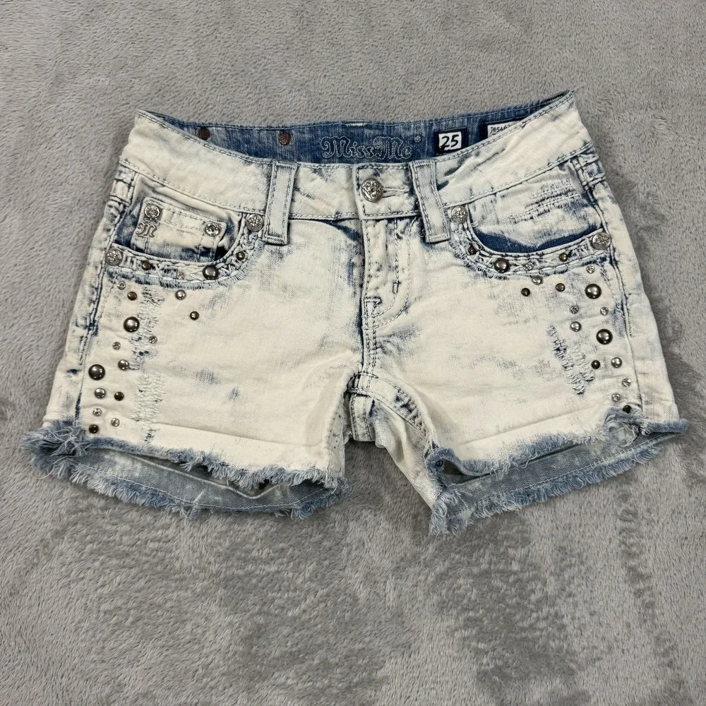 Miss Me Denim Shorts Womens 25 Embellished Studded Low Stretch Denim Y2K Blue